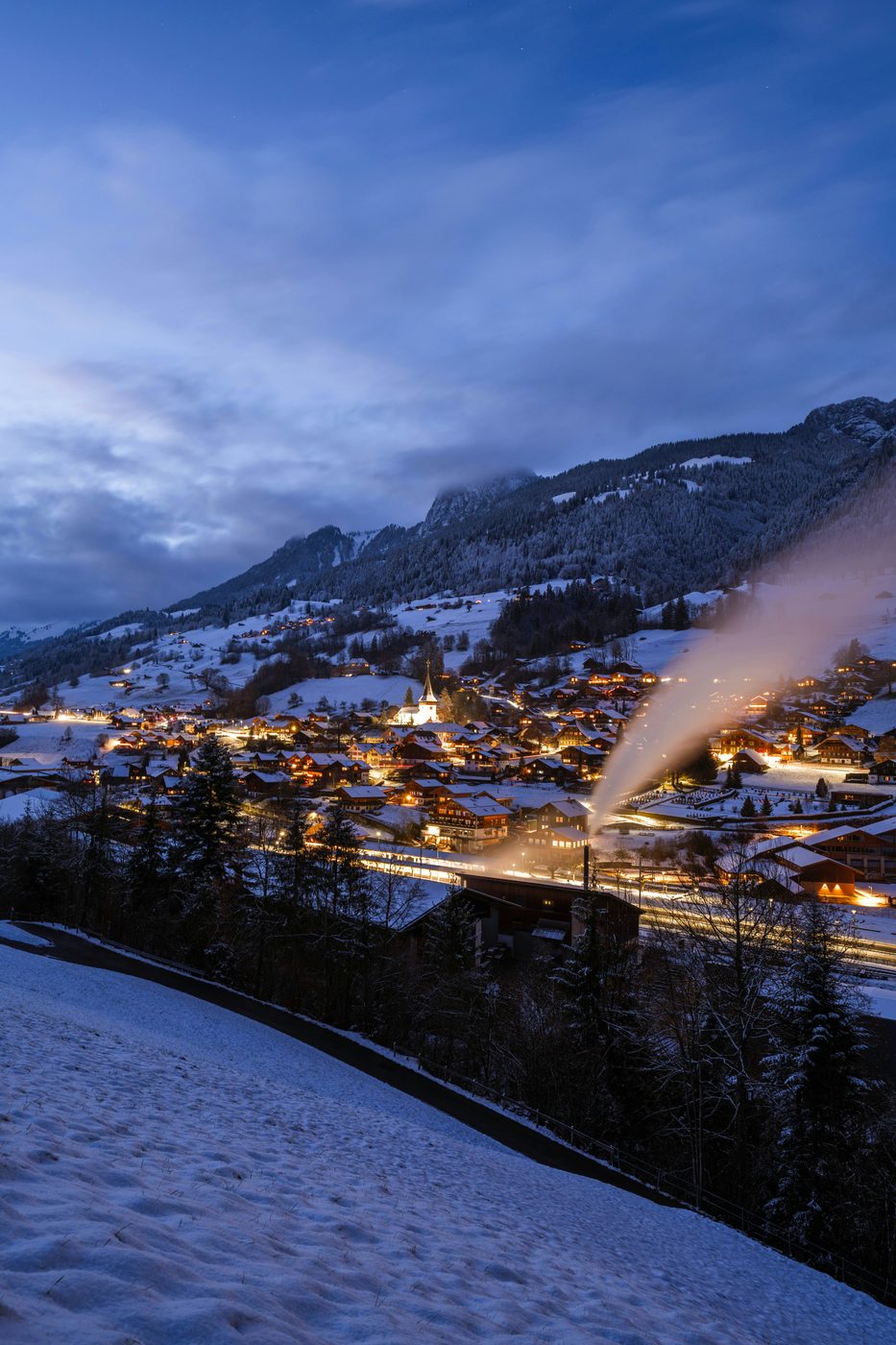 A Swiss mountain town under snow